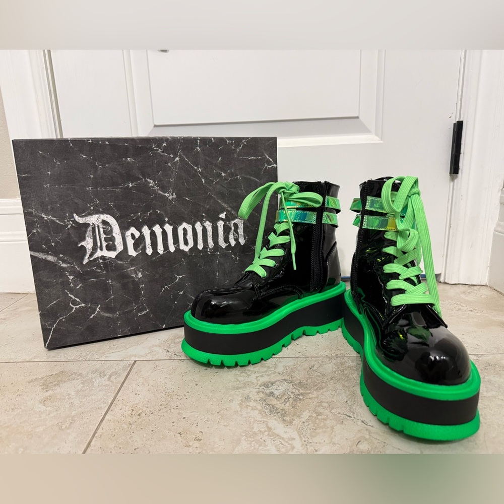 Demonia Iridescent Green and Black Platform Boots